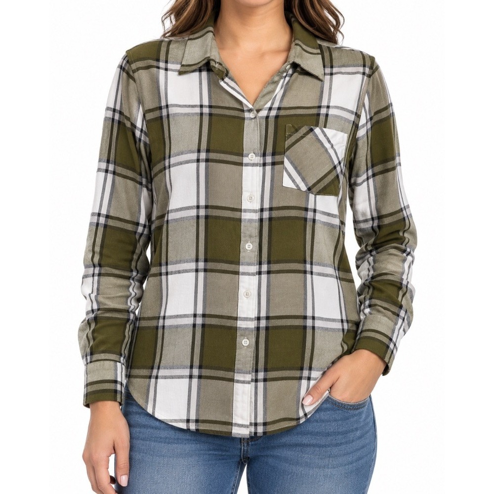 Lucky Brand Womens Plaid Flannel Button Down Shirt Top Olive Green Size M